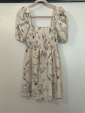 H&M Cream Floral Smocked Puff-Sleeve Mini Dress